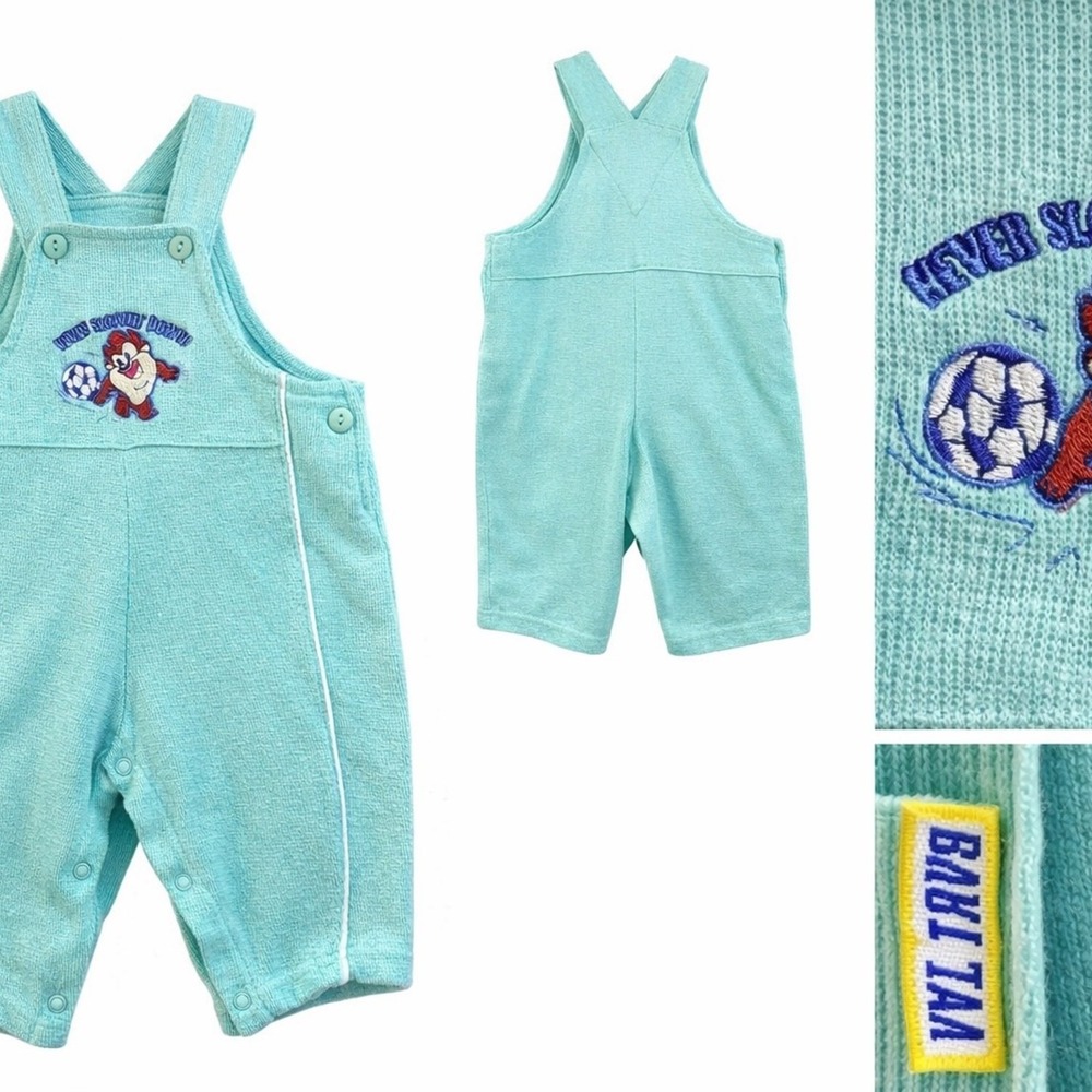 Looney Tunes Baby Taz Soccer Overalls Baby 3-6M Teal‎ Excellent Vintage Rare HTF